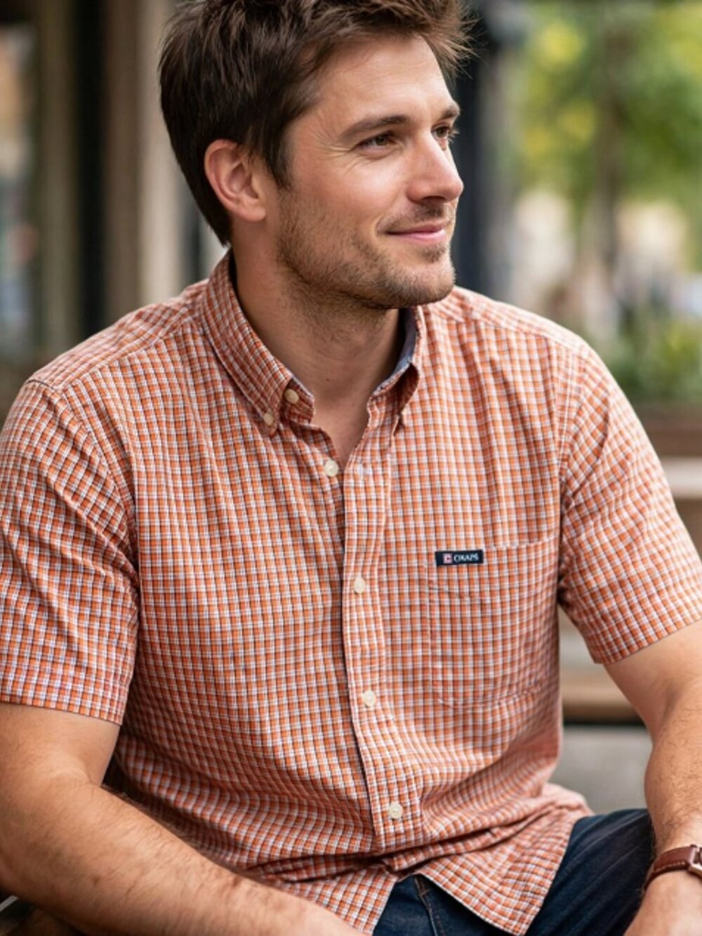 M Men's Orange Striped Chaps Shirt Button Up Short Sleeve Casual Top Work Office